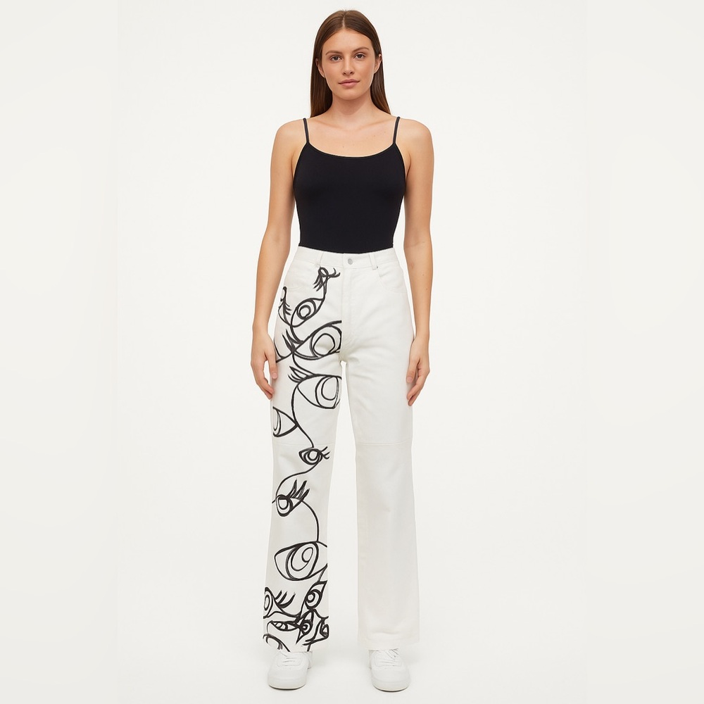 White Leather Pants Custom Hand Painted Black Picasso Style Eyes Design Size 12